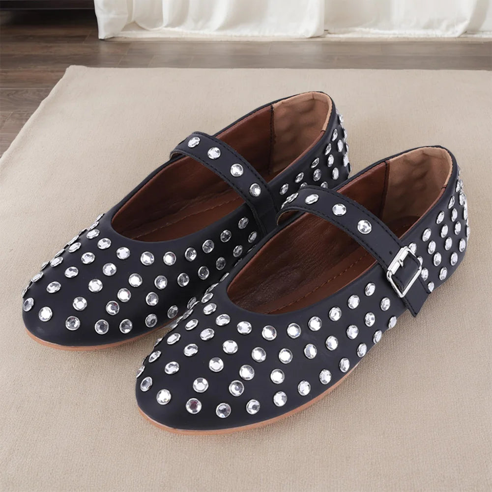 Women Crystal Studded Ballet Flats Rhinestone Buckle Strap Glitter Shoes