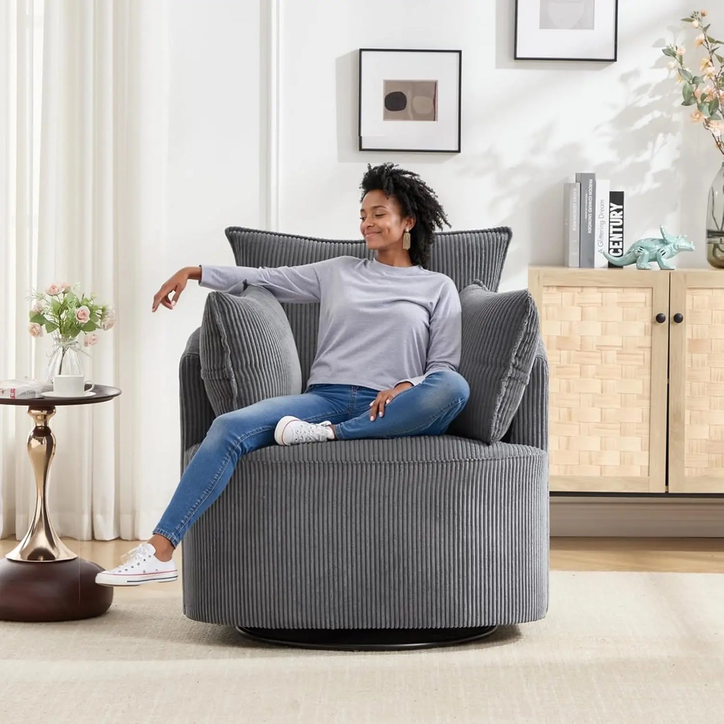 Swivel Barrel Chair Upholstered Reclining Armchair For Living Room