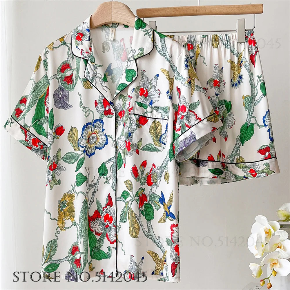 Floral Satin Pajama Set For Women Sleepwear Lounge Wear