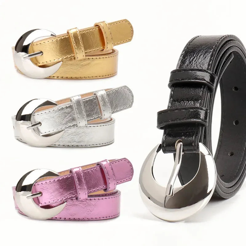 Womens Belt Silver Buckle Polyurethane Metal Waistband Fashion