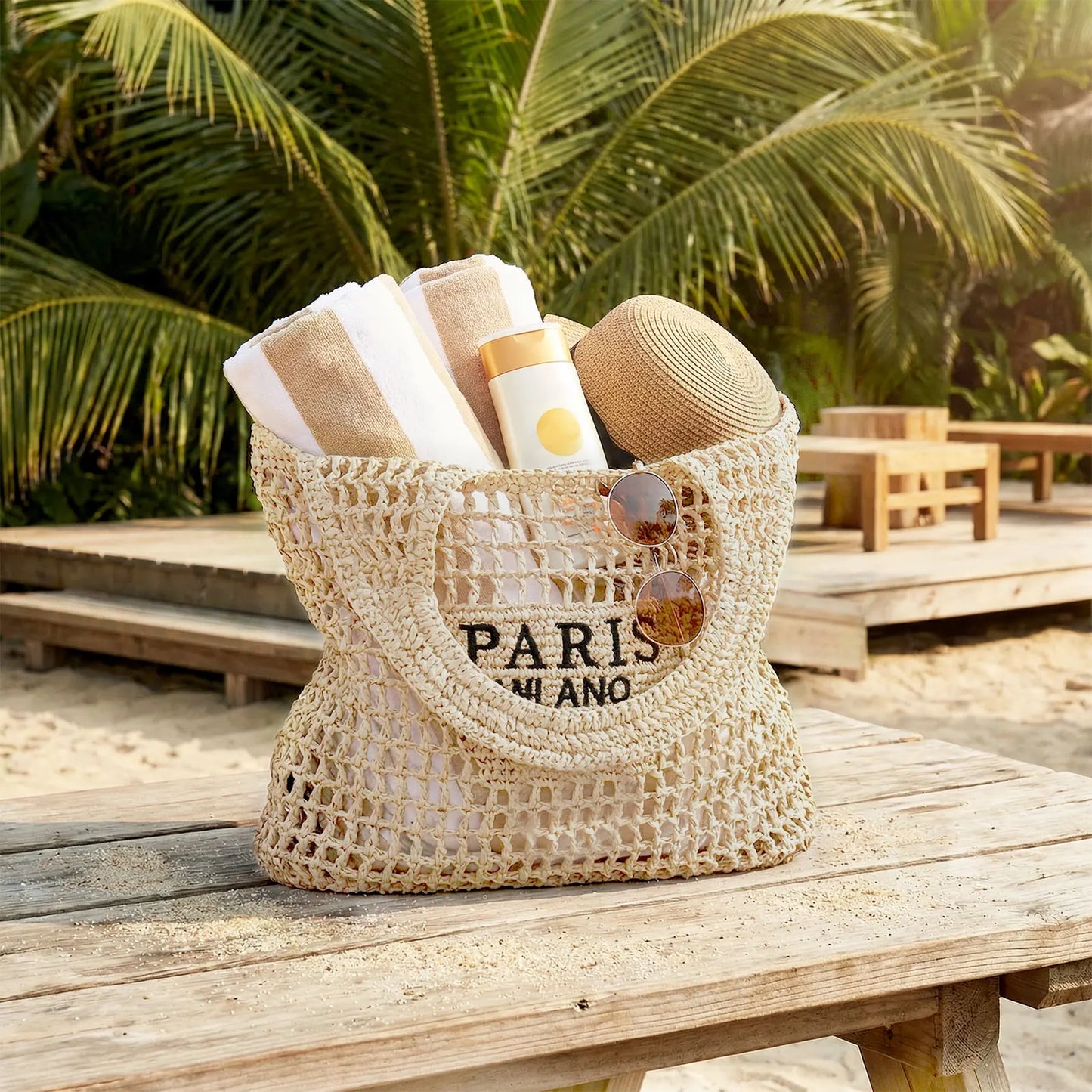 Straw Beach Tote Bag for Women Handmade Woven Mesh Bag