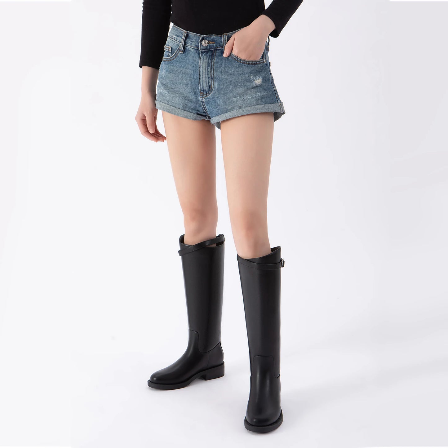 Athlefit Women Knee High Riding Boots Round Toe Buckle