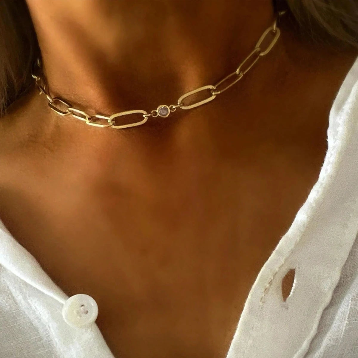 Oval Buckle Necklace With Zircon Accent Stainless Steel