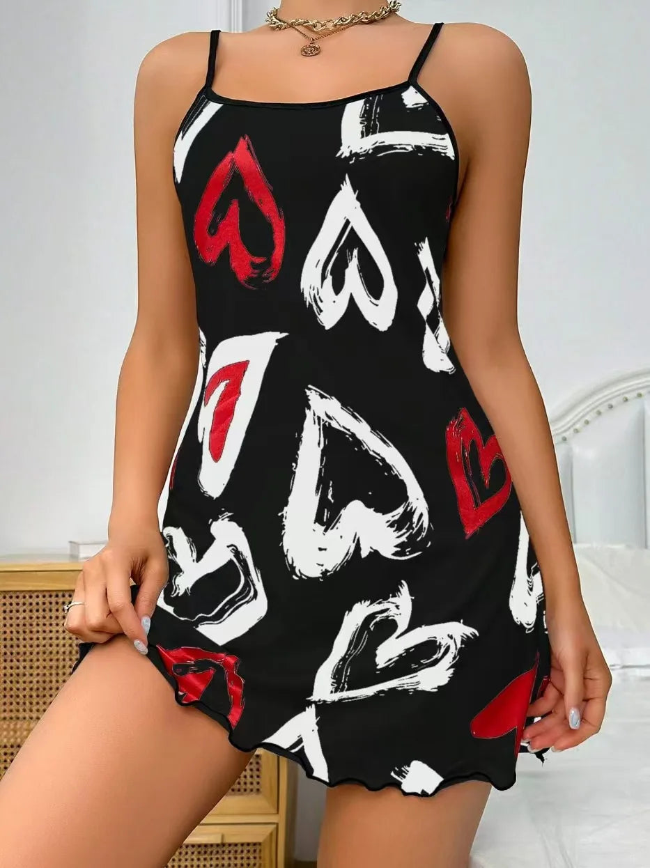 NONECN Heart Print Nightgown Women Sleeveless Round Neck Polyester