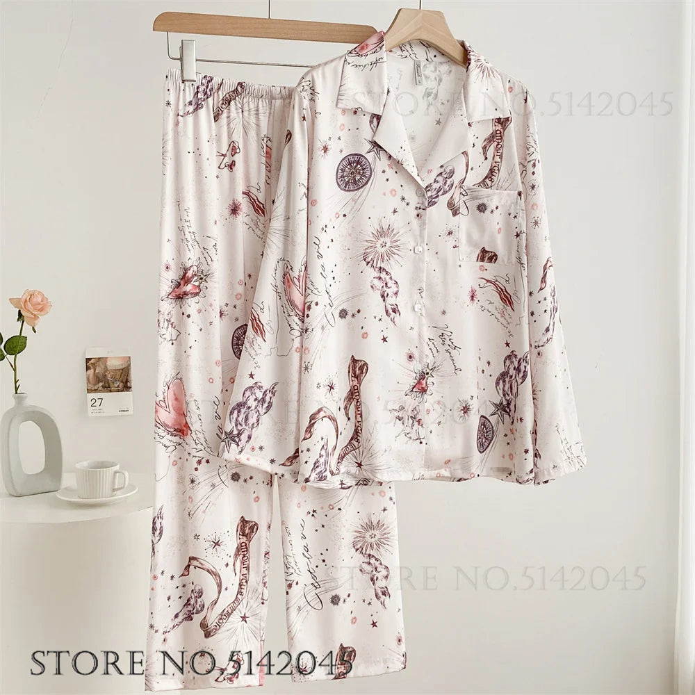 Floral Satin Pajama Set For Women Sleepwear Lounge Wear