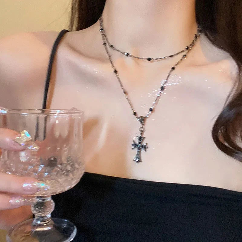 Crystal Rhinestone Cross Jesus Pendant Necklace for Women Layered Chain