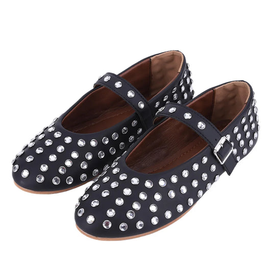Women Crystal Studded Ballet Flats Rhinestone Buckle Strap Glitter Shoes