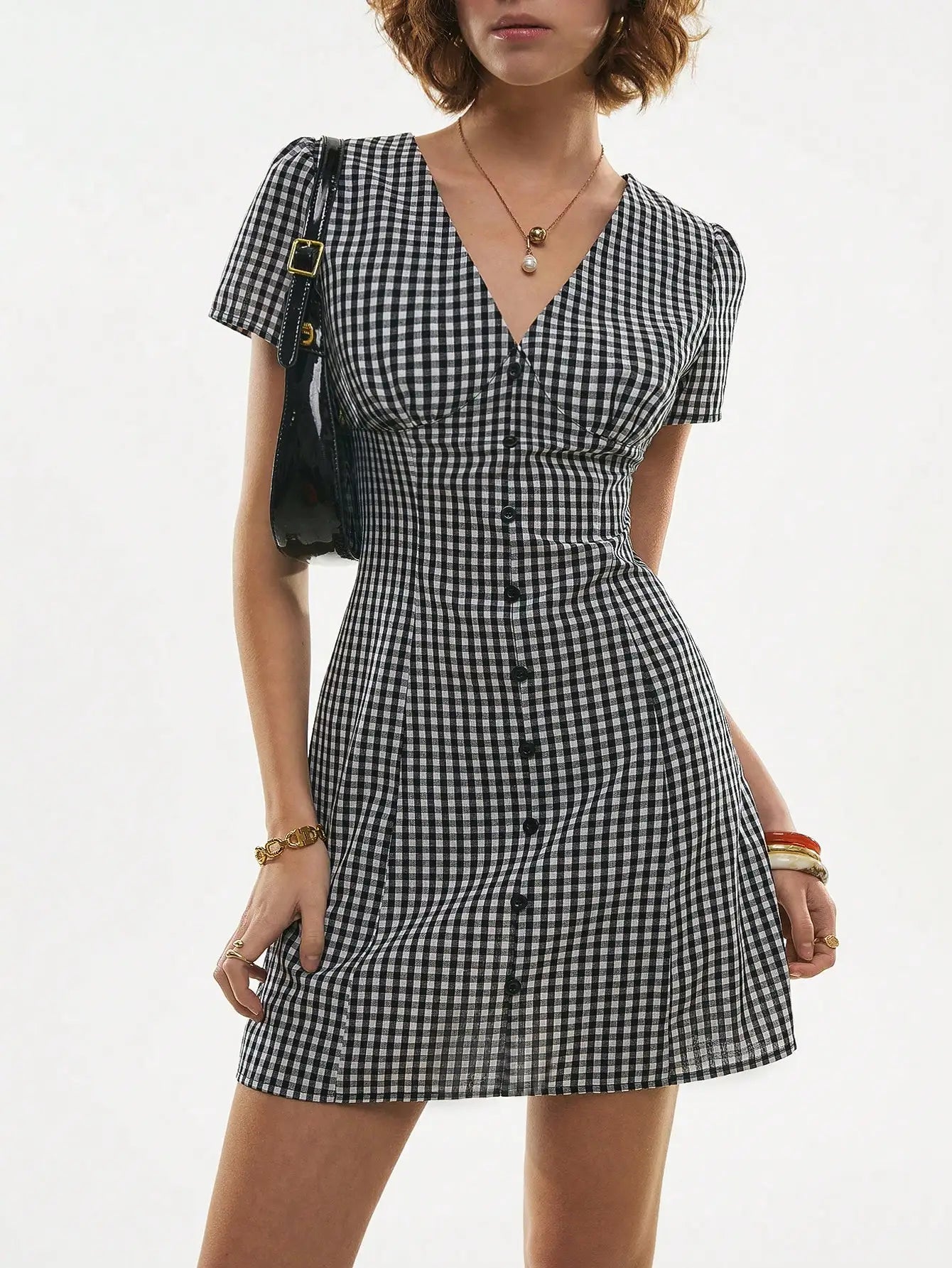 Women's Cotton Gingham Button Front V Neck Short Sleeve Dress