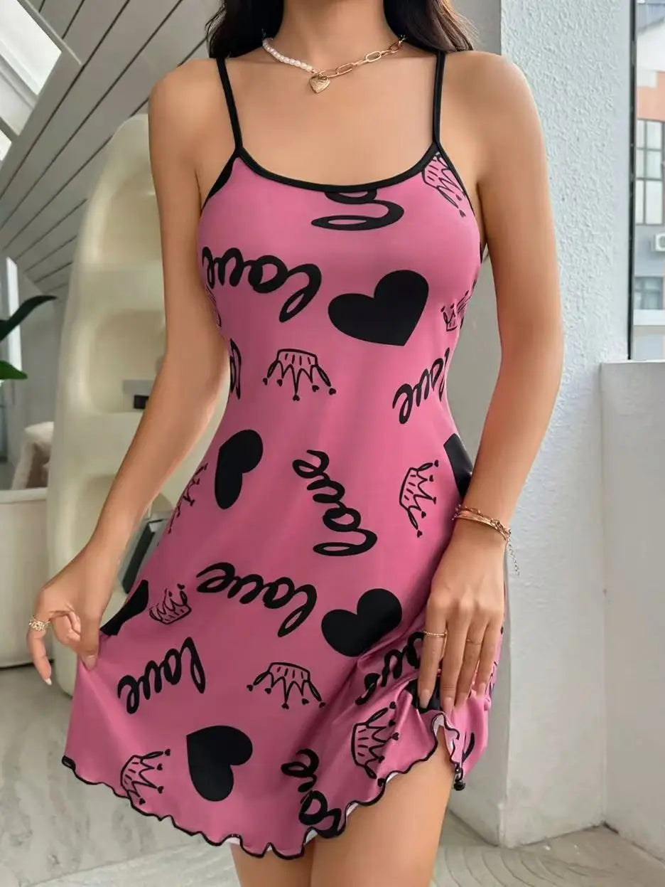 NONECN Heart Print Nightgown Women Sleeveless Round Neck Polyester