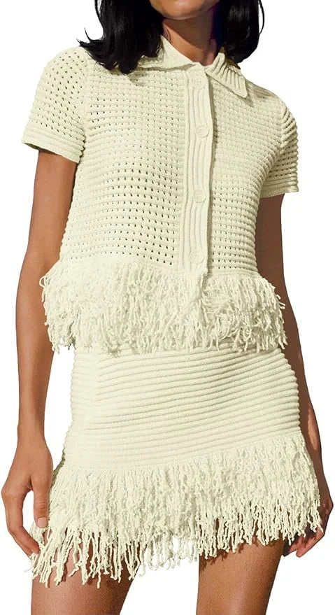 Fisoew Women Two Piece Crochet Set With Fringe Detail Beachwear
