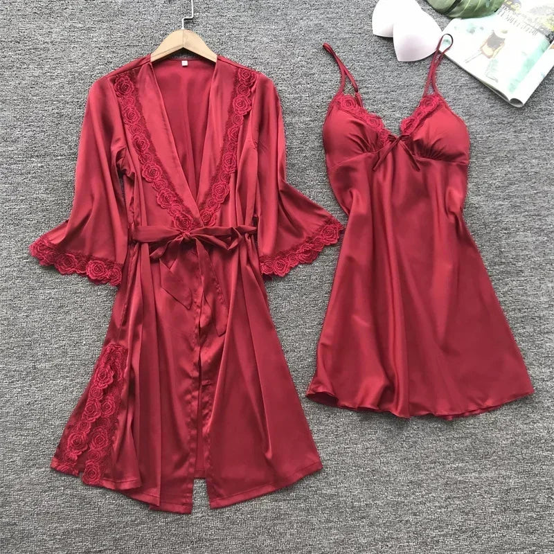 NONECN Satin Lace Pajamas Set for Women V Neck Nightwear