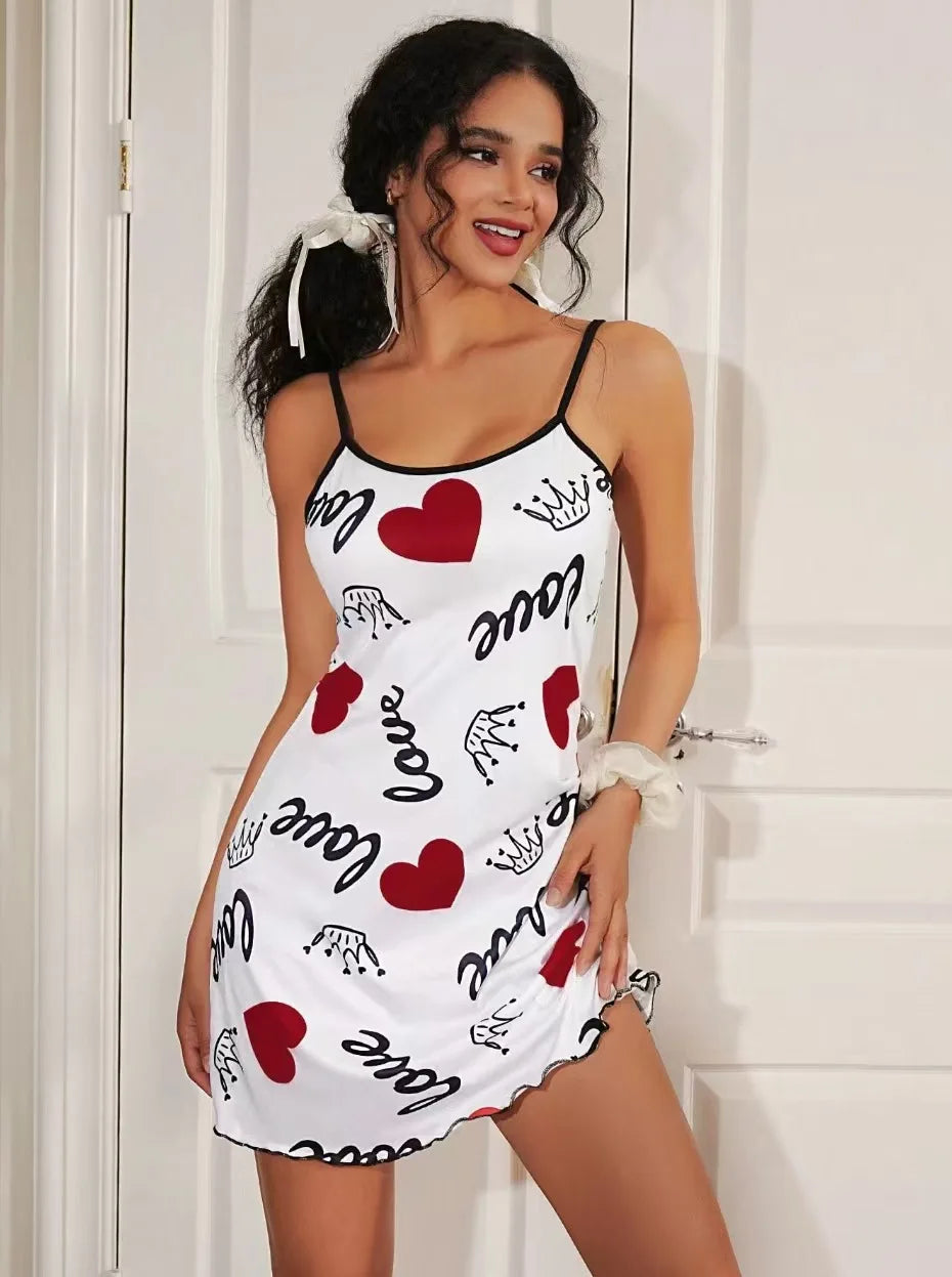 NONECN Heart Print Nightgown Women Sleeveless Round Neck Polyester