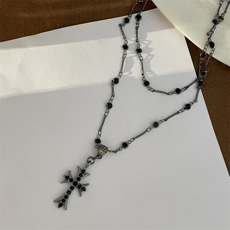 Crystal Rhinestone Cross Jesus Pendant Necklace for Women Layered Chain