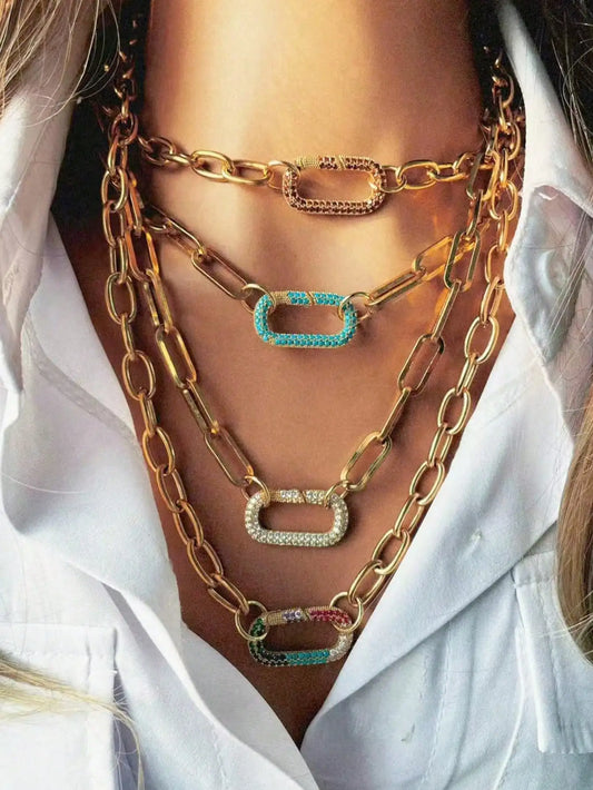 Oval Buckle Necklace With Zircon Accent Stainless Steel