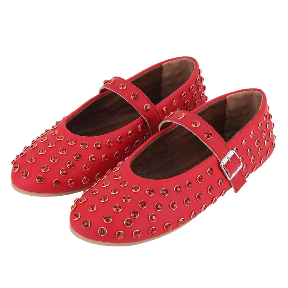 Women Crystal Studded Ballet Flats Rhinestone Buckle Strap Glitter Shoes