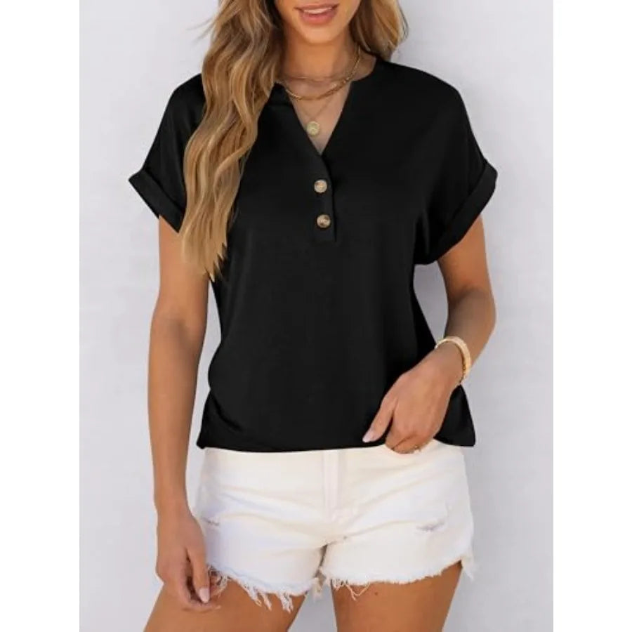 Women's Short Sleeve Henley Top V Neck Dressy Casual Blouse