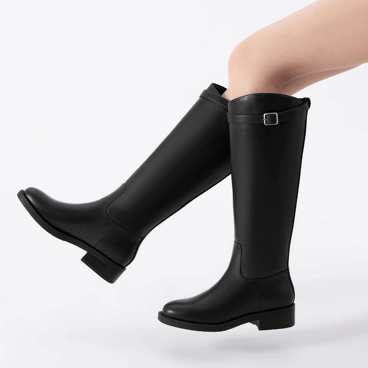 Athlefit Women Knee High Riding Boots Round Toe Buckle