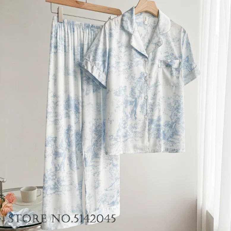 Floral Satin Pajama Set For Women Sleepwear Lounge Wear