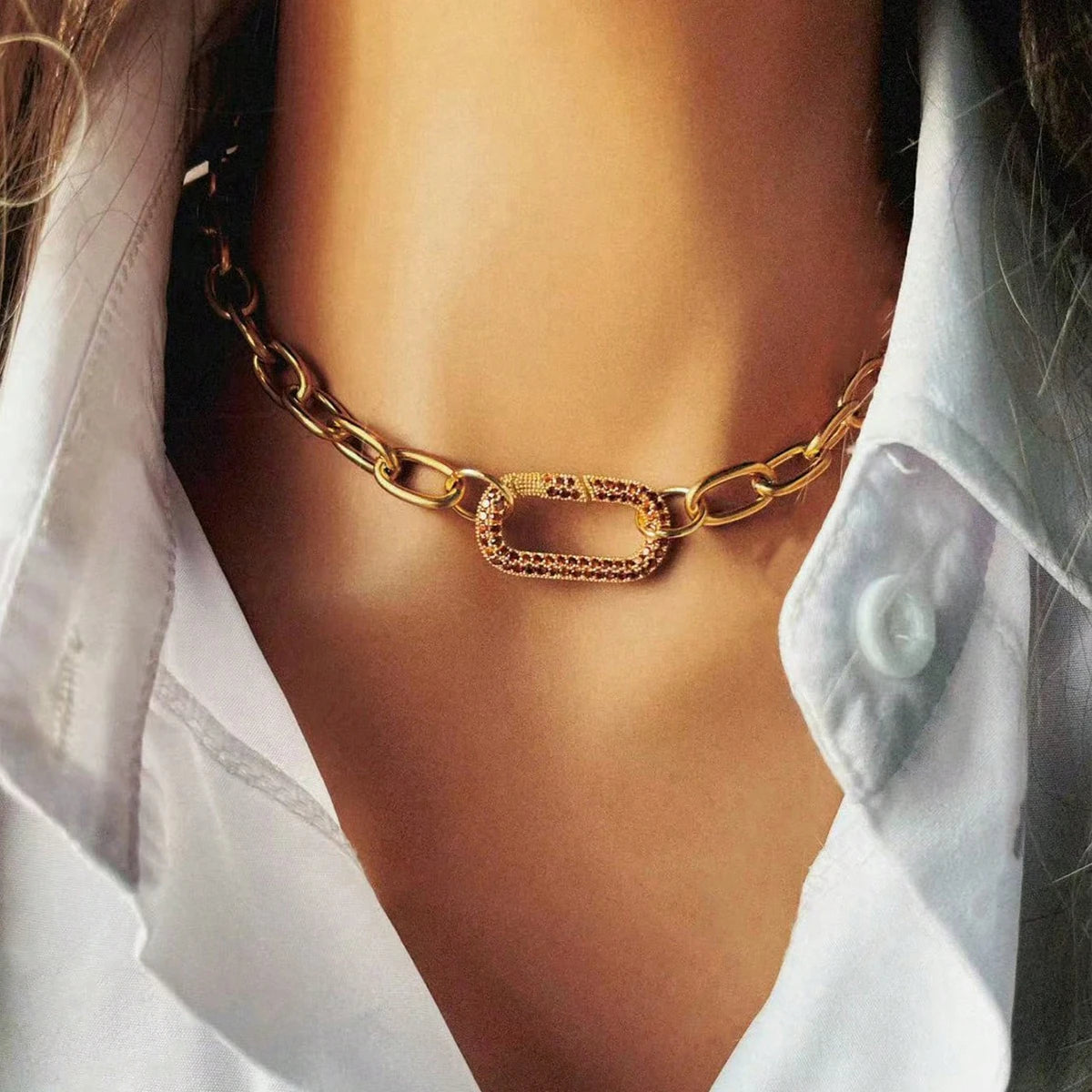 Oval Buckle Necklace With Zircon Accent Stainless Steel