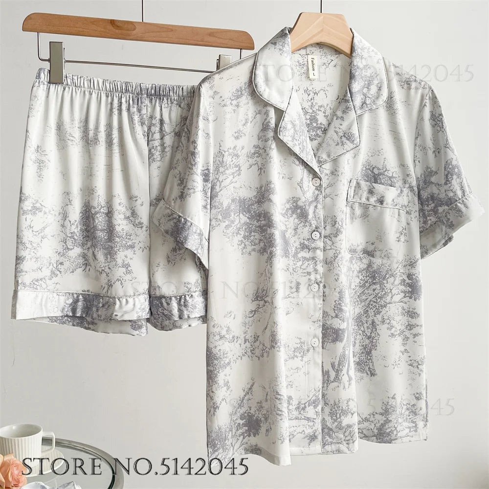 Floral Satin Pajama Set For Women Sleepwear Lounge Wear