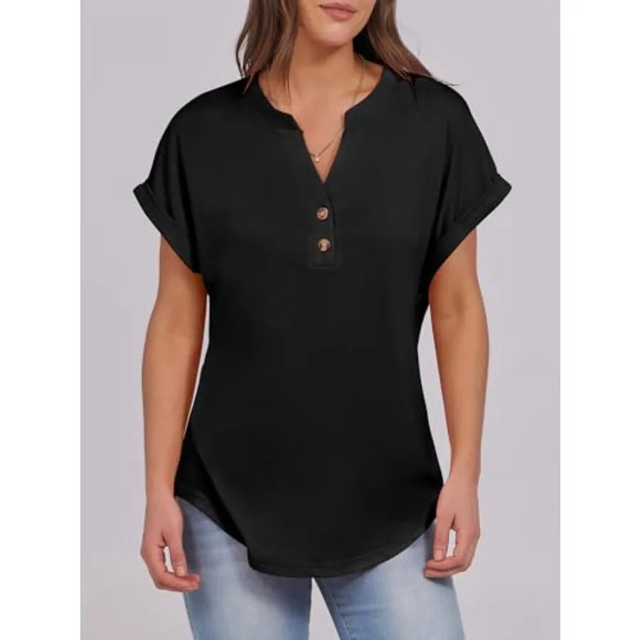 Women's Short Sleeve Henley Top V Neck Dressy Casual Blouse