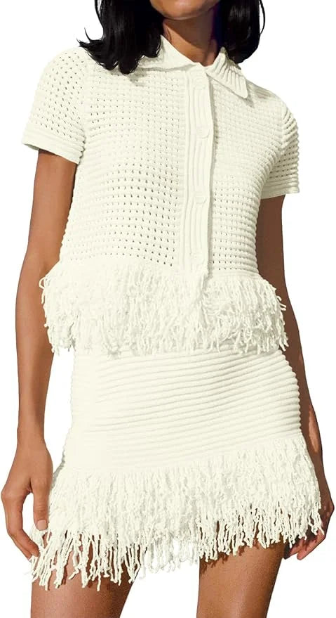 Fisoew Women Two Piece Crochet Set With Fringe Detail Beachwear