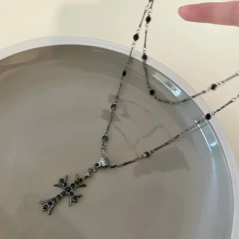 Crystal Rhinestone Cross Jesus Pendant Necklace for Women Layered Chain