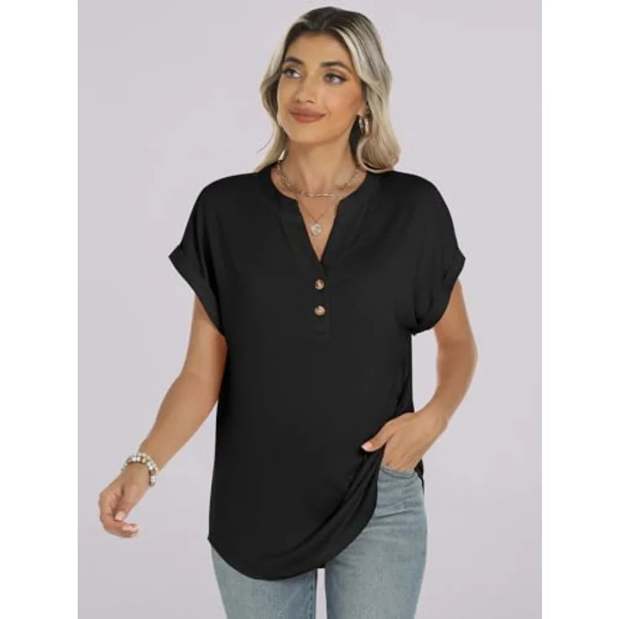 Women's Short Sleeve Henley Top V Neck Dressy Casual Blouse