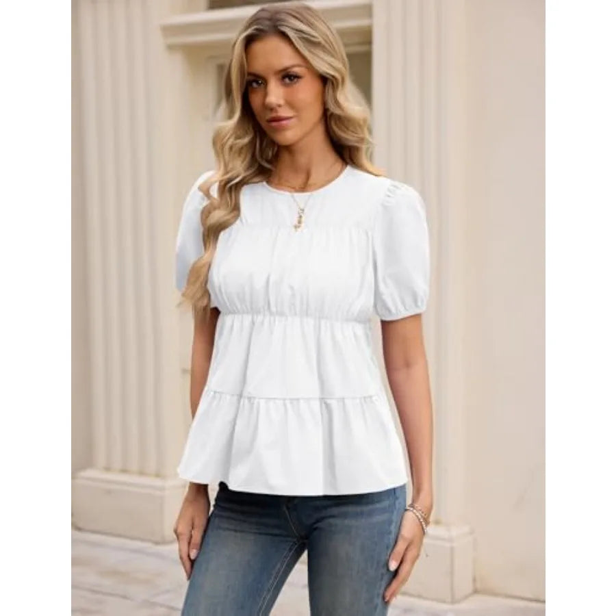 Women's Puff Sleeve Babydoll Top Casual Loose Fit Peplum Blouse