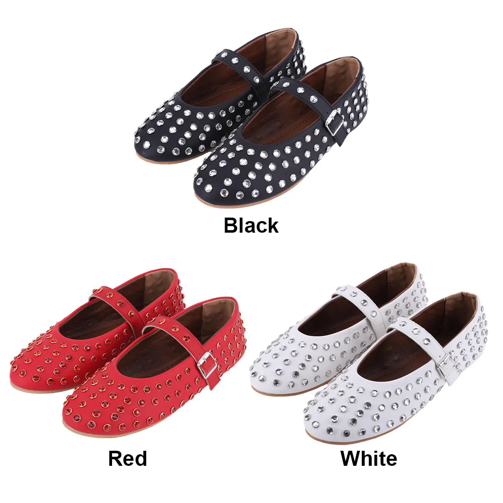 Women Crystal Studded Ballet Flats Rhinestone Buckle Strap Glitter Shoes