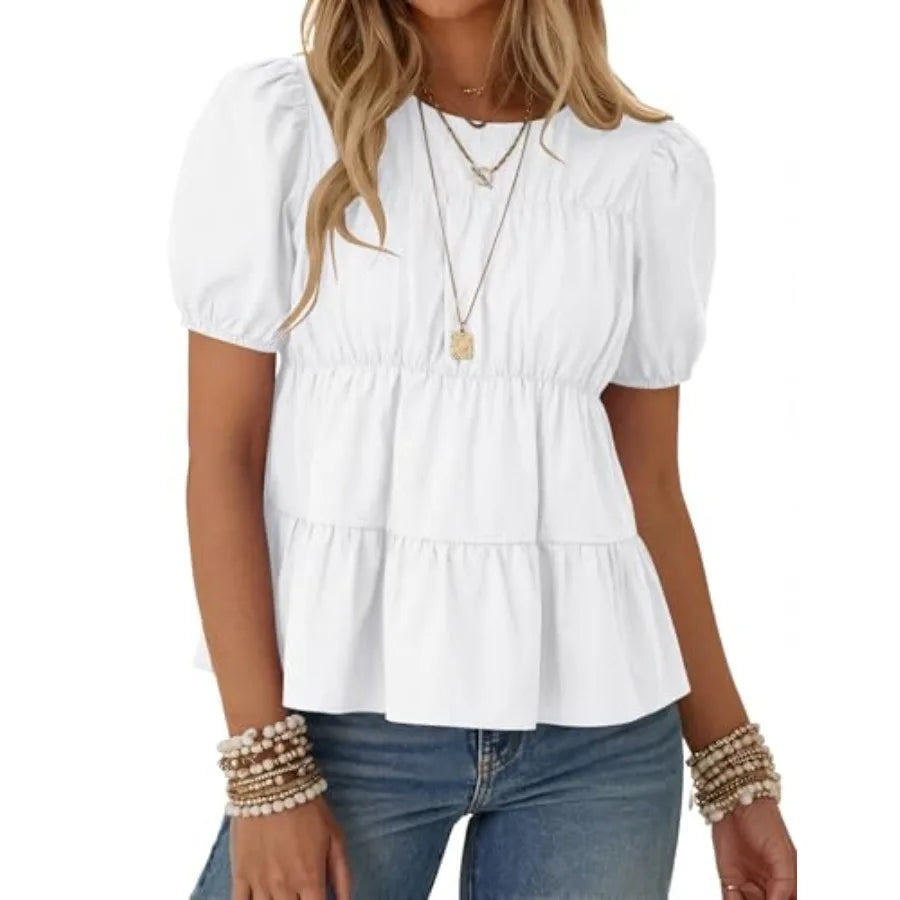Women's Puff Sleeve Babydoll Top Casual Loose Fit Peplum Blouse