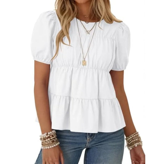 Women's Puff Sleeve Babydoll Top Casual Loose Fit Peplum Blouse