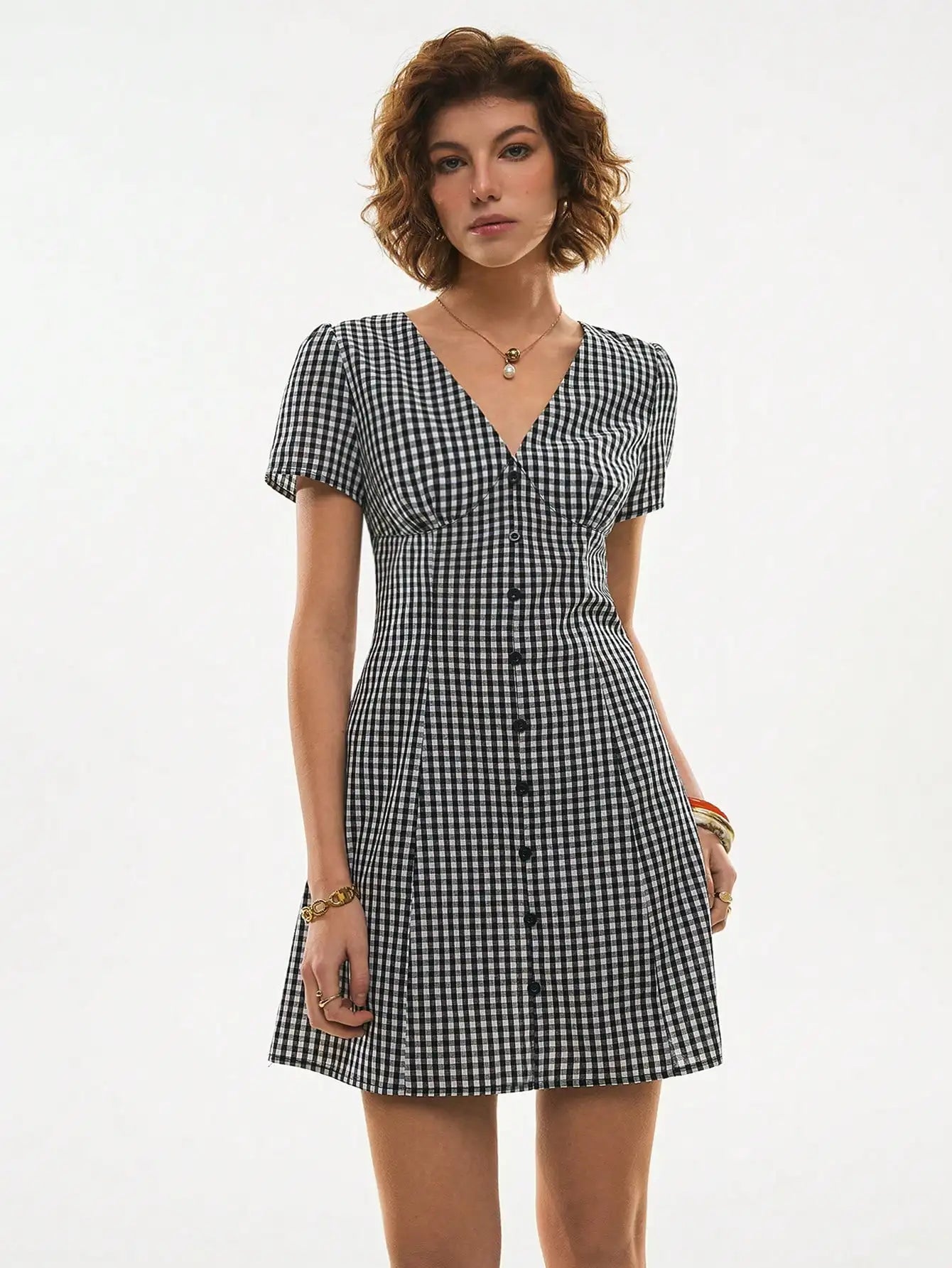 Women's Cotton Gingham Button Front V Neck Short Sleeve Dress