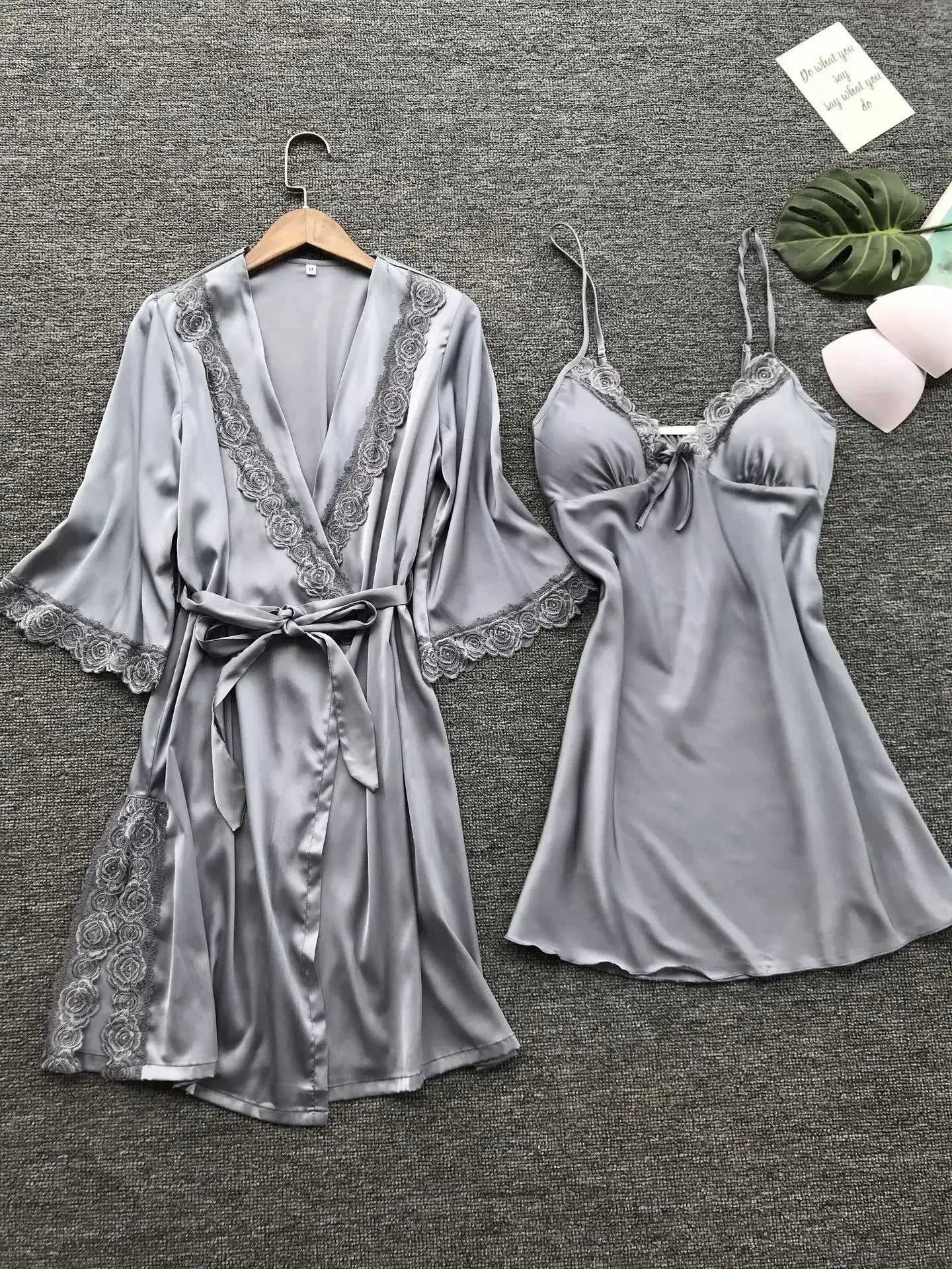 NONECN Satin Lace Pajamas Set for Women V Neck Nightwear