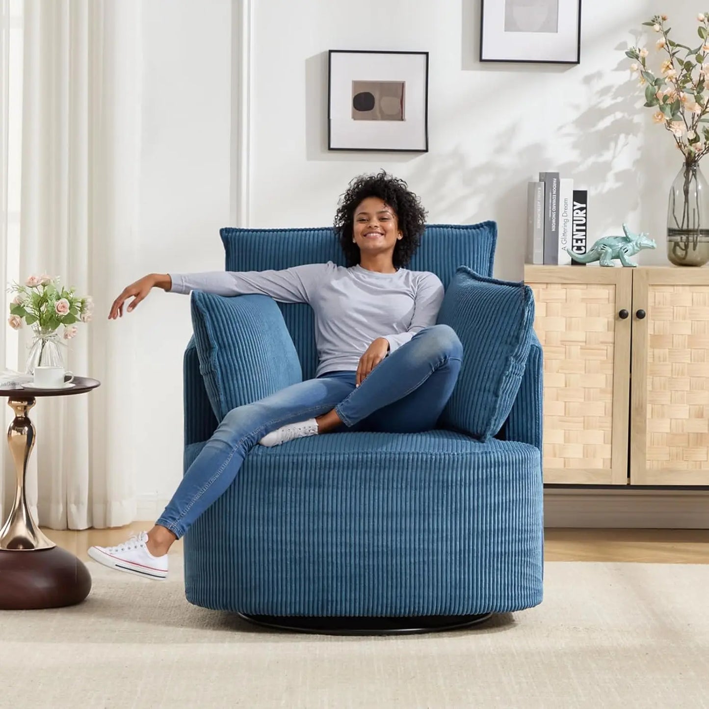 Swivel Barrel Chair Upholstered Reclining Armchair For Living Room
