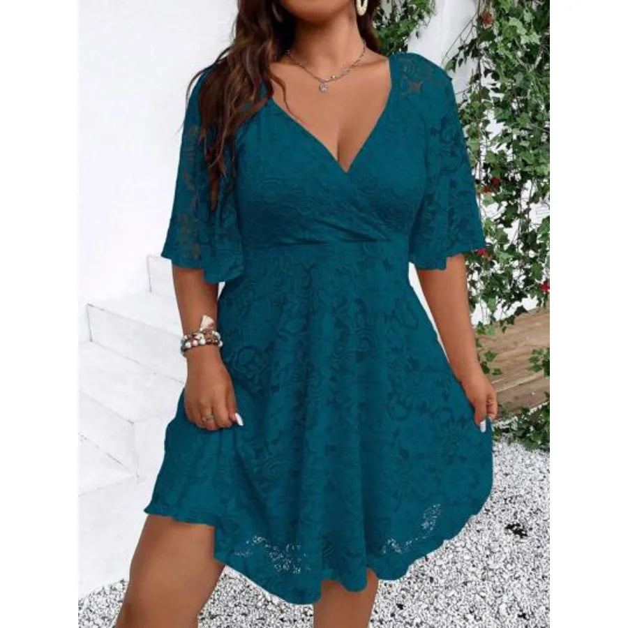 Women's Summer V-Neck Lace Overlay Short Sleeve Elegant Dress