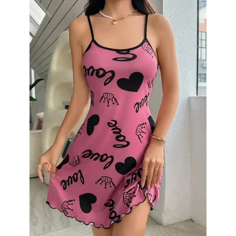 NONECN Heart Print Nightgown Women Sleeveless Round Neck Polyester