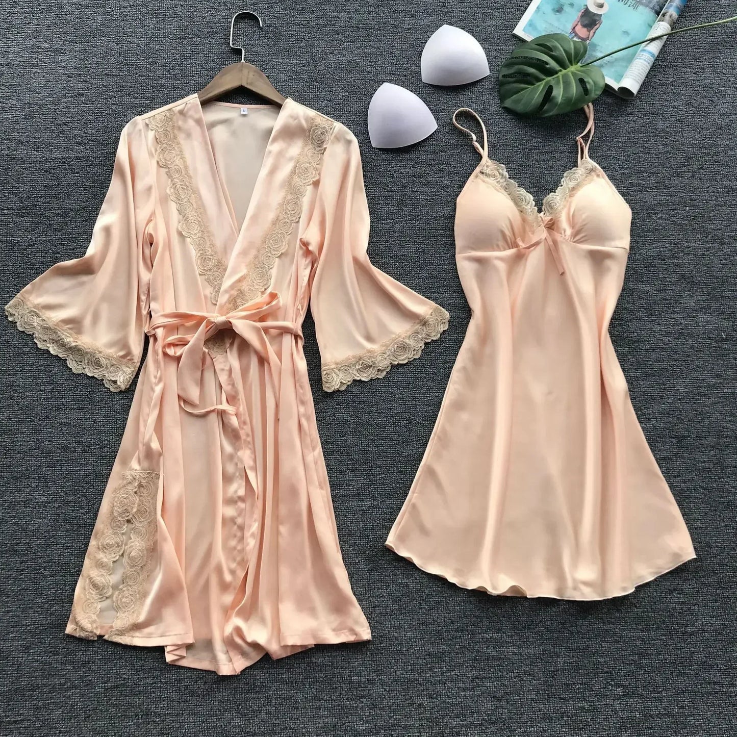 NONECN Satin Lace Pajamas Set for Women V Neck Nightwear