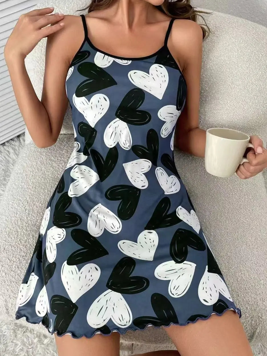 NONECN Heart Print Nightgown Women Sleeveless Round Neck Polyester