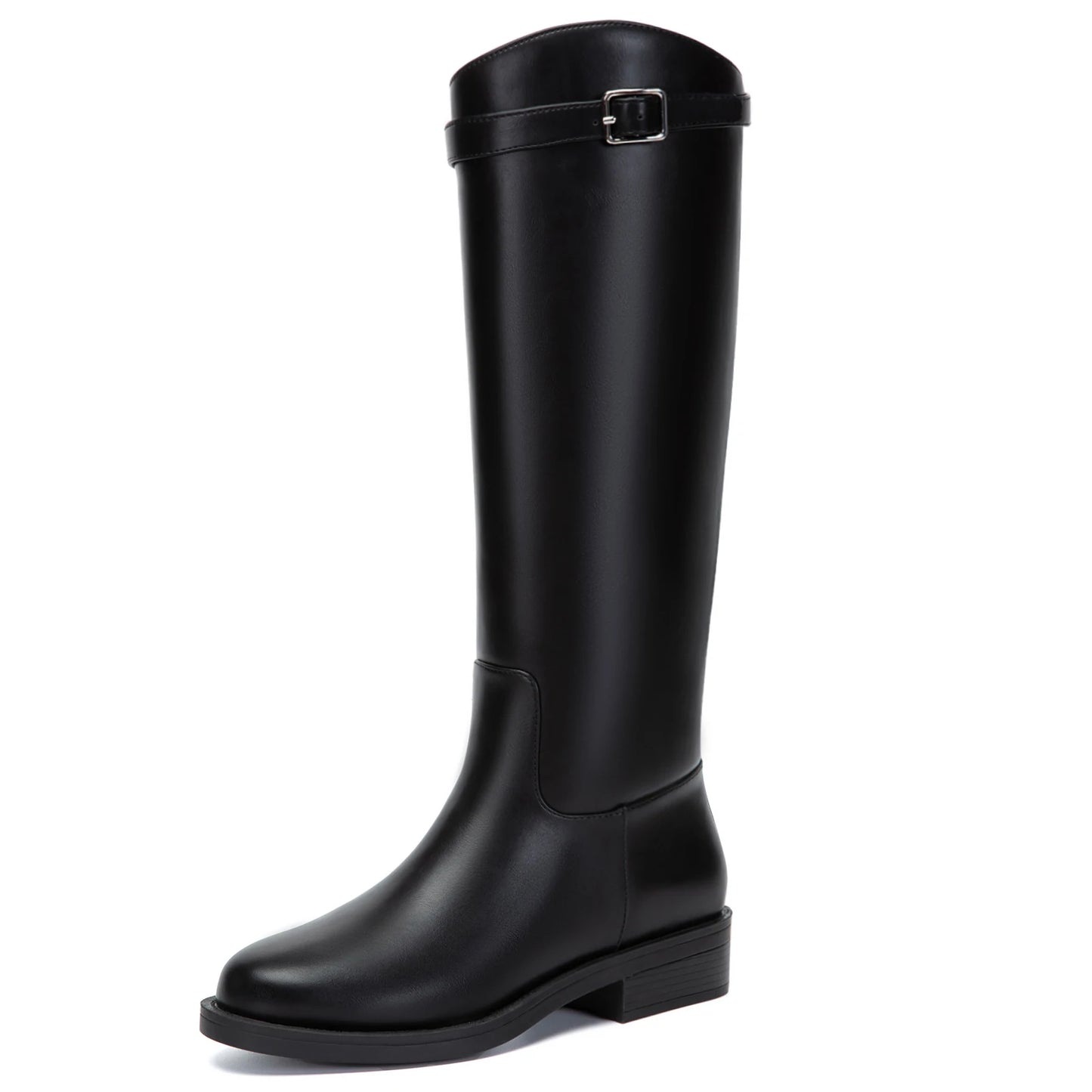 Athlefit Women Knee High Riding Boots Round Toe Buckle