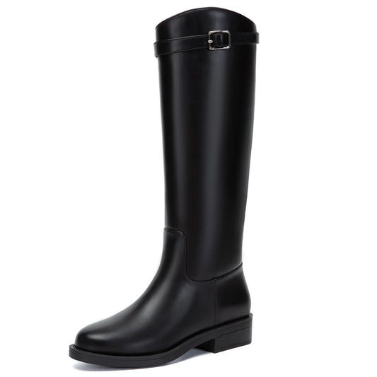 Athlefit Women Knee High Riding Boots Round Toe Buckle