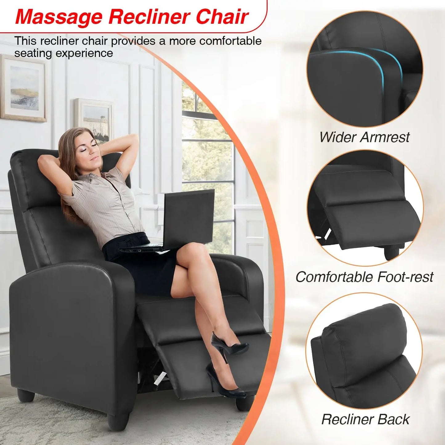 Massage Recliner Sofa L-Shaped With Lumbar Support And Adjustable Backrest