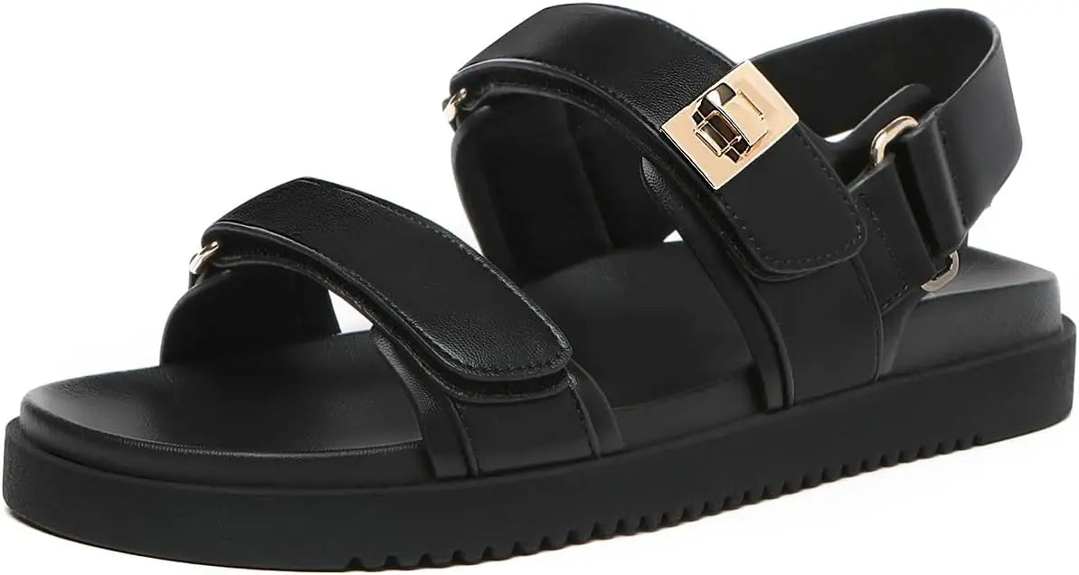 Women's Leather Flat Sandals With Adjustable Double Straps