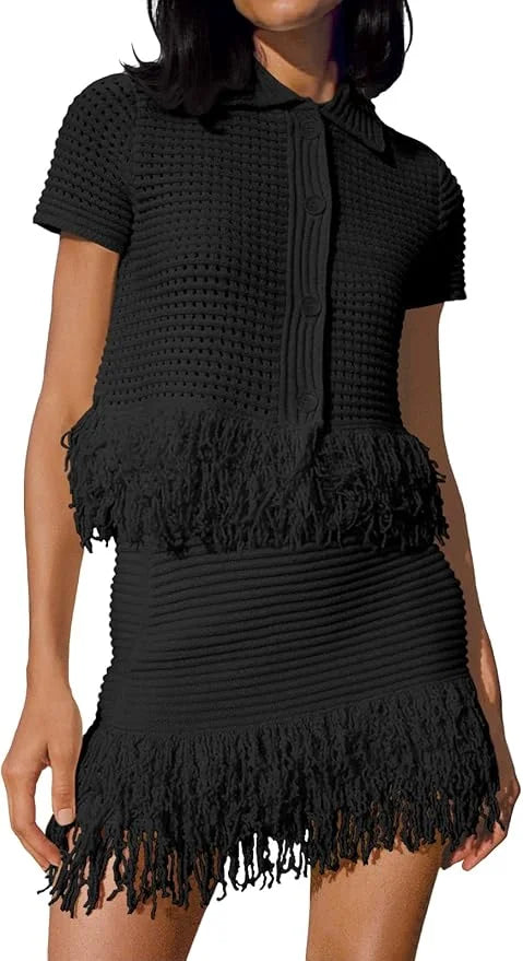 Fisoew Women Two Piece Crochet Set With Fringe Detail Beachwear