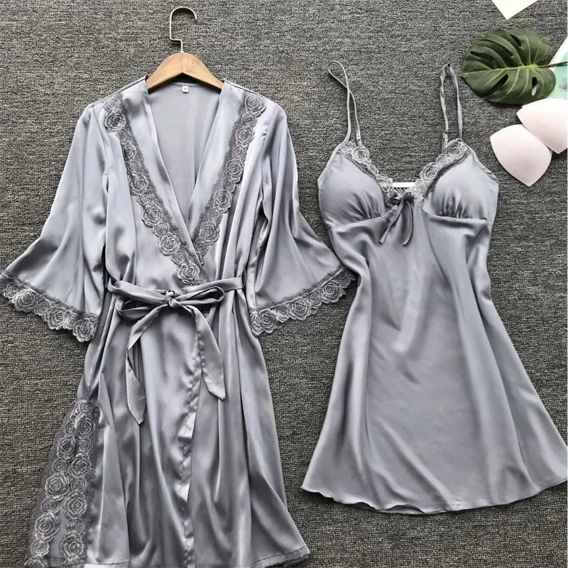 NONECN Satin Lace Pajamas Set for Women V Neck Nightwear