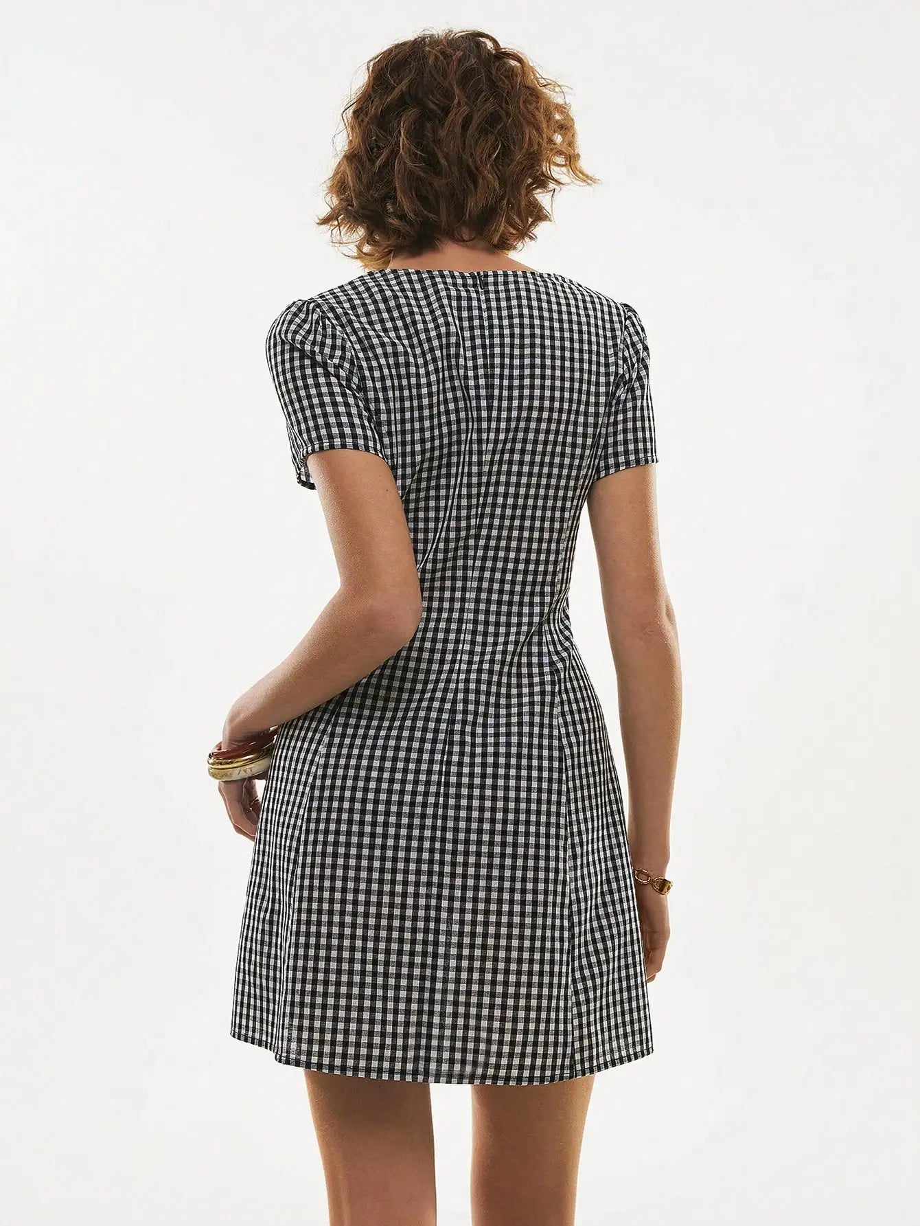 Women's Cotton Gingham Button Front V Neck Short Sleeve Dress