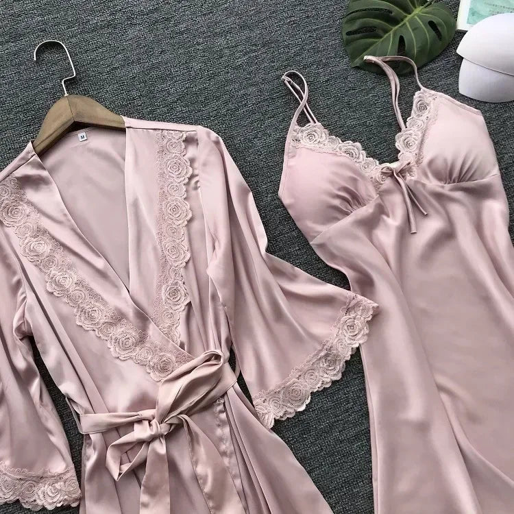 NONECN Satin Lace Pajamas Set for Women V Neck Nightwear