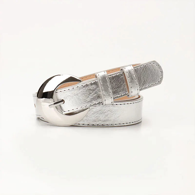 Womens Belt Silver Buckle Polyurethane Metal Waistband Fashion