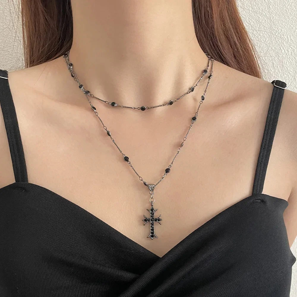 Crystal Rhinestone Cross Jesus Pendant Necklace for Women Layered Chain