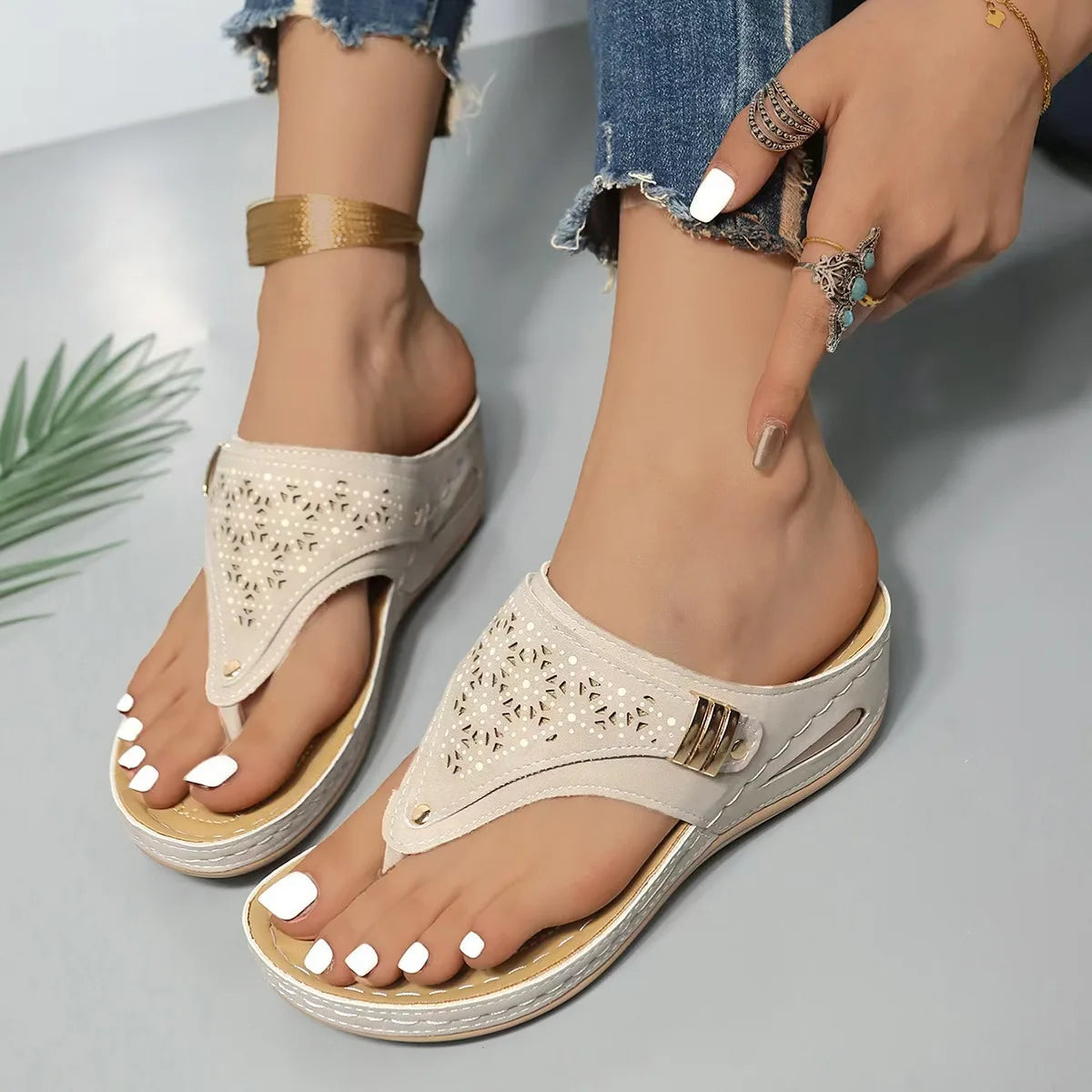 Women's Wedge Sandals With Cutout Embroidery Cork Sole